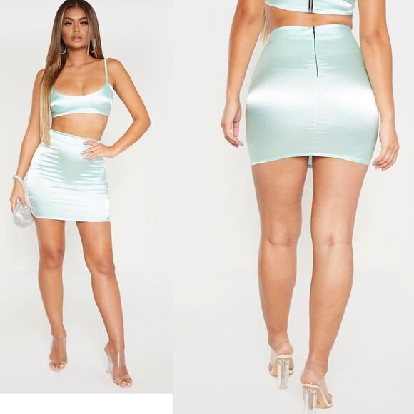 Pretty Little Thing Mint Green Satin High Waist Mini Skirt Sz 6 NWT - Picture 1 of 11